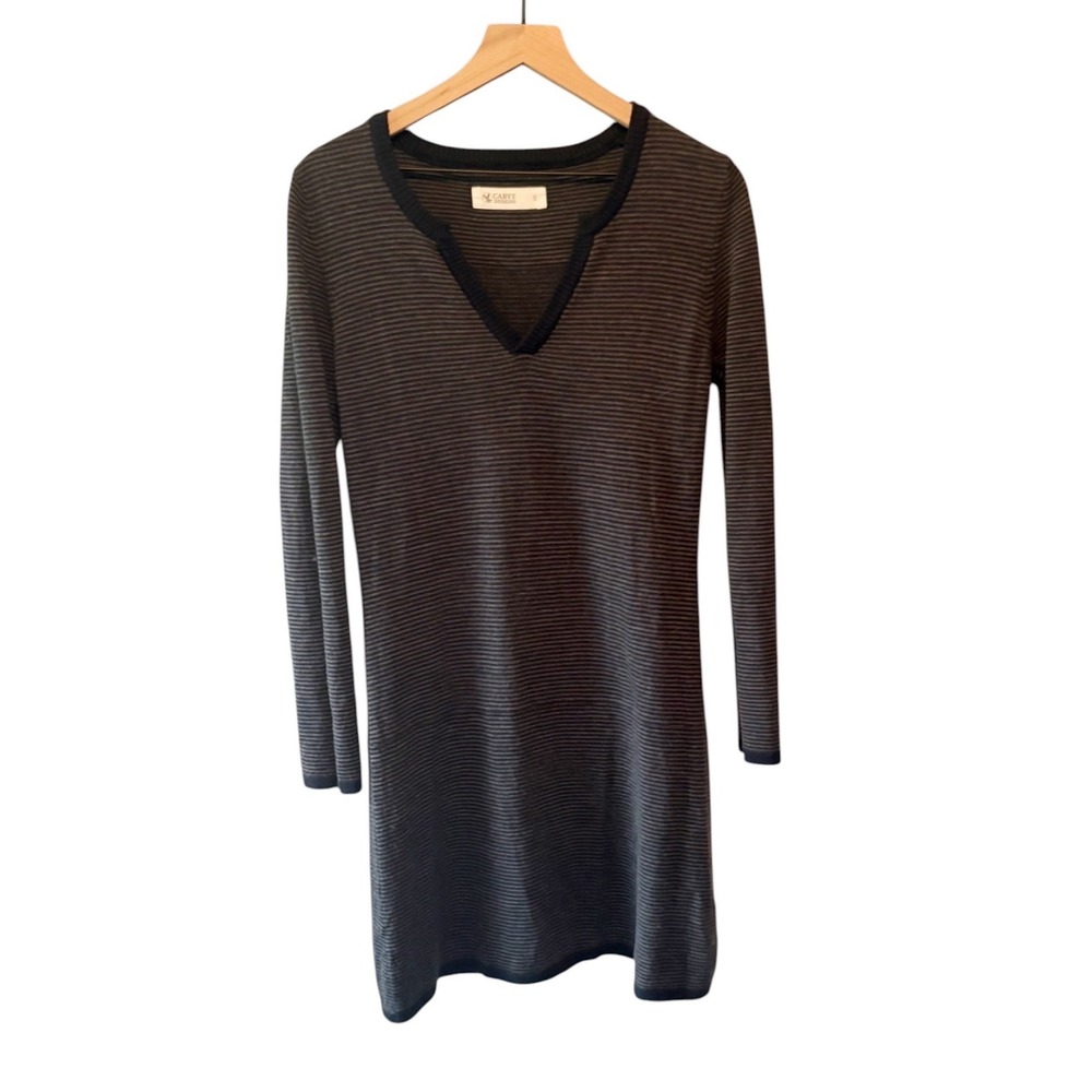 Carve Designs Womens Small Merino Wool Striped Sweater Dress Grey Black V-Neck